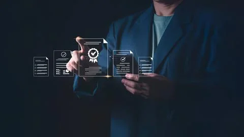 Businessman touching digital documents on a virtual screen Stock Photos