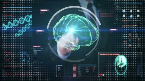 Businessman touching digital screen, Scanning Brain in digital display. Stock Footage 68728143