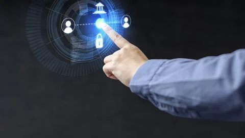 Businessman touching digital screen with secure online banking icons, cyber.. Stock Photos