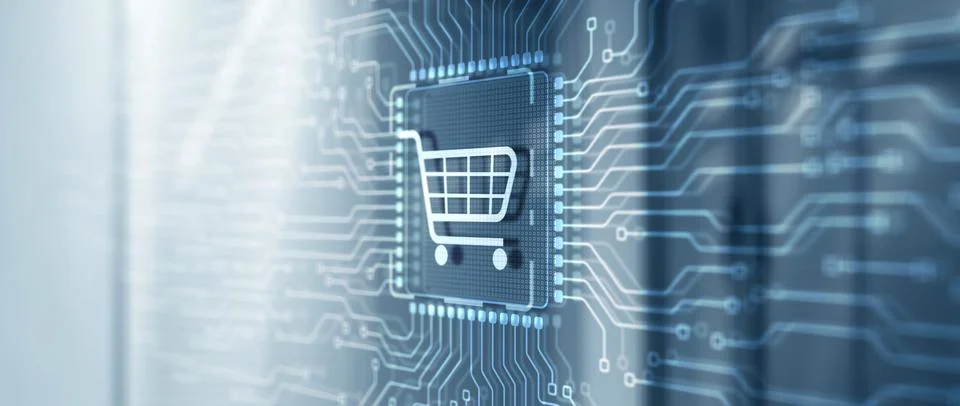Businessman touching e-commerce button on a virtual interface. Cart online Ilustração Stock