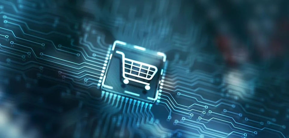 Businessman touching e-commerce button on a virtual interface. Cart online Illustrazione stock