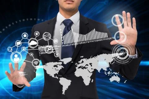 Businessman touching earth interface with graphics Stock Illustration