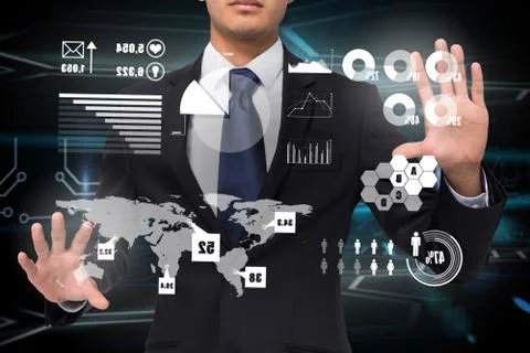 Businessman touching earth interface with graphics Stock Illustration
