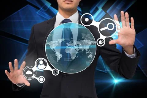 Businessman touching earth interface with graphics Stock Illustration