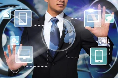 Businessman touching earth interface with graphics Stock Illustration