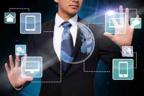 Businessman touching earth interface with graphics Stock Illustration