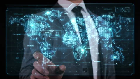 Businessman touching global world map network hologram Stock-Footage 317627283