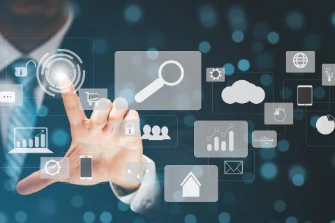 Businessman Touching in graph Screen Icon of a media screen, Technology Proce Stock Photos