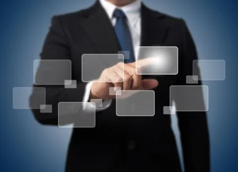 Businessman touching high tech type of modern buttons on a virtual background Stock Illustration