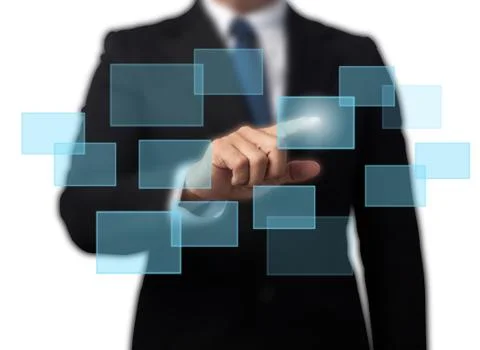 Businessman touching high tech type of modern buttons on a virtual background Stock Illustration