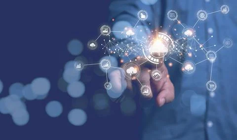 Businessman touching icon cloud computing with network and data information.. Fotos Stock