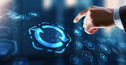 Businessman touching icon Update software application. Hardware upgrade Foto stock