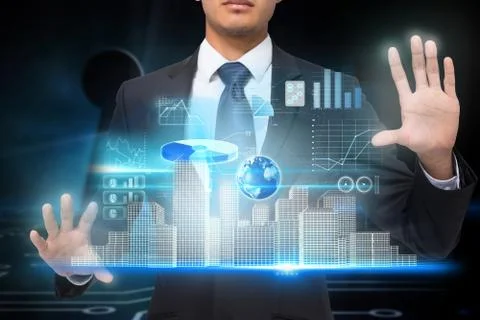 Businessman touching interface with graphics Stock Illustration