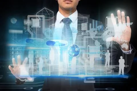 Businessman touching interface with graphics Stock Illustration