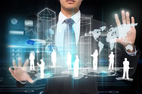 Businessman touching interface with graphics Stock Illustration