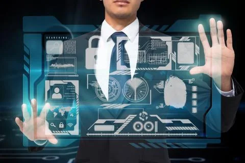 Businessman touching interface with graphics Stock Illustration