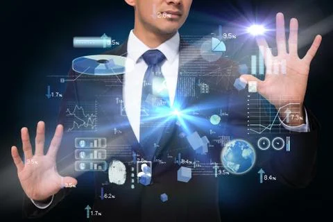 Businessman touching interface with graphics Stock Illustration