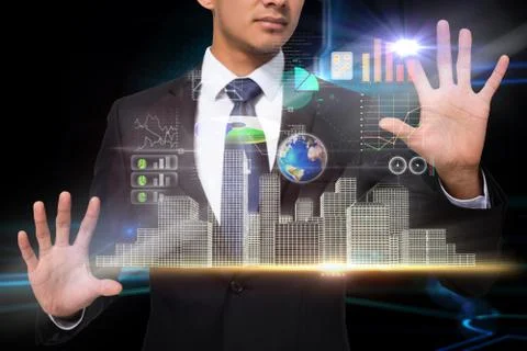 Businessman touching interface with graphics Stock Illustration