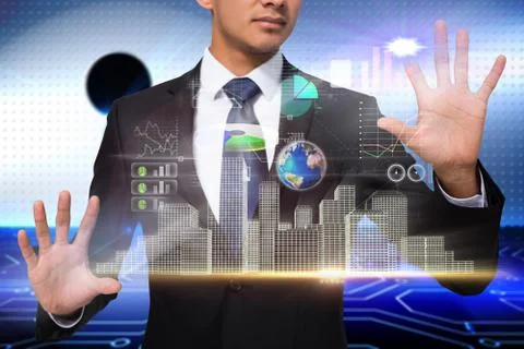 Businessman touching interface with graphics Stock Illustration
