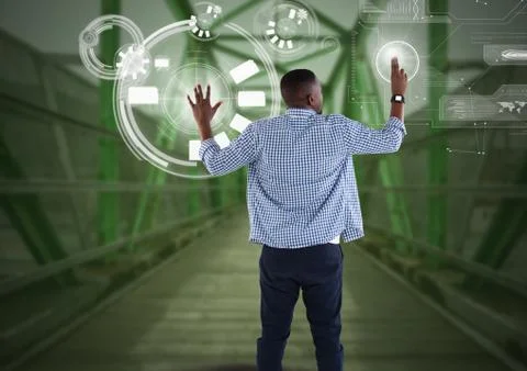 Businessman touching interface on green bridge Foto stock