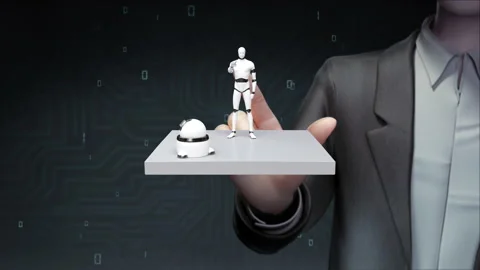Businessman touching Robots and CPU chips on a square, IoT AI Future,  4k. Stock Footage 142130017