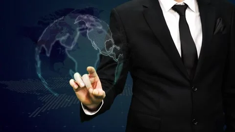 Businessman Touching Screen. Digital Globe Rotating. Stock Footage 344913222