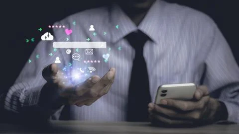 Businessman touching smartphone with open e-mail, receiving business e-mail.. Stock Photos
