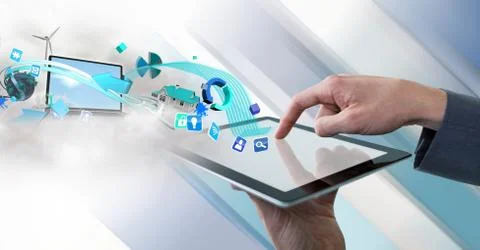 Businessman touching tablet with interface with diagonal striped background Stock Photos