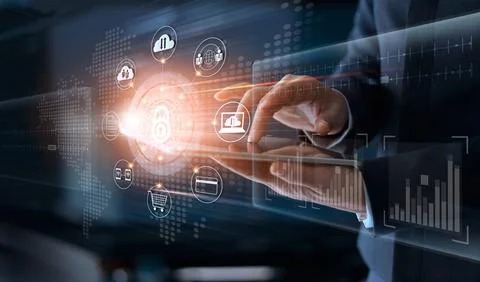 Businessman touching technology global networking security information safe.. Stock Photos