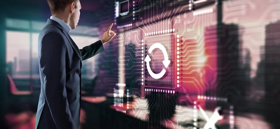 Businessman touching Update Software Computer. Technology Updating Concept 스톡 사진