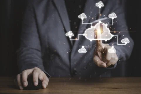 Businessman touching virtual cloud computing with connect to technology icons Stock Photos