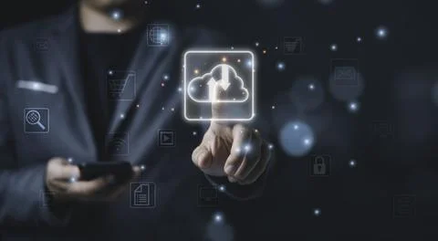 Businessman touching virtual cloud computing Foto stock