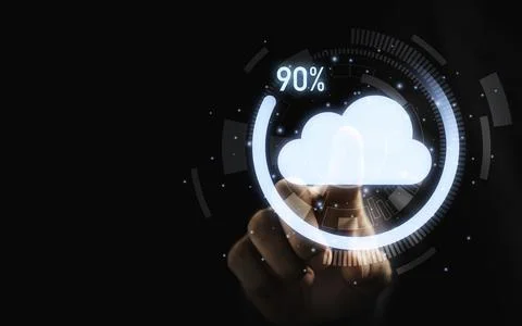 Businessman touching to virtual cloud computing and download percentage Stock Photos