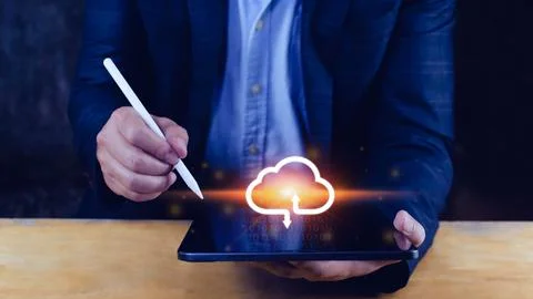 Businessman touching virtual cloud computing to transfer database. informatio Stock Photos