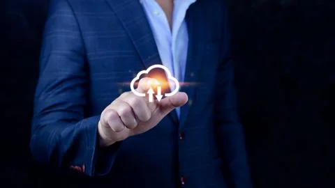 Businessman touching virtual cloud computing to transfer database. informatio Stock Photos