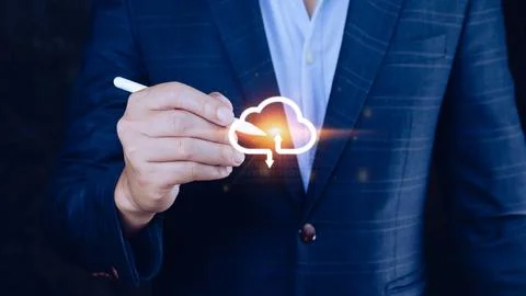 Businessman touching virtual cloud computing to transfer database. informat.. Stock Photos