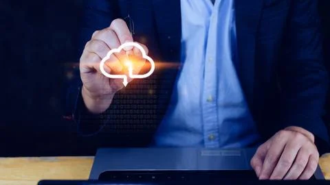 Businessman touching virtual cloud computing to transfer database. informat.. Stock Photos