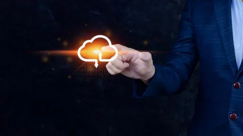 Businessman touching virtual cloud computing to transfer database. informat.. Stock Photos