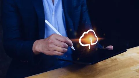 Businessman touching virtual cloud computing to transfer database. informat.. Stock Photos