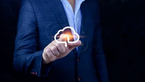 Businessman touching virtual cloud computing to transfer database. informat.. Stock Photos