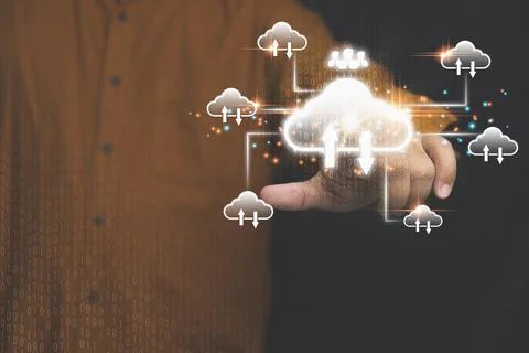 Businessman touching virtual cloud computing to transfer database. informat.. Fotos Stock