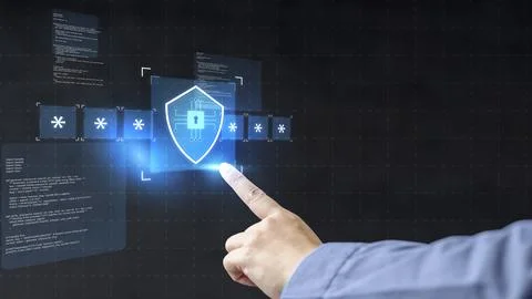 Businessman touching a virtual cybersecurity shield and password interface .. Stock Photos