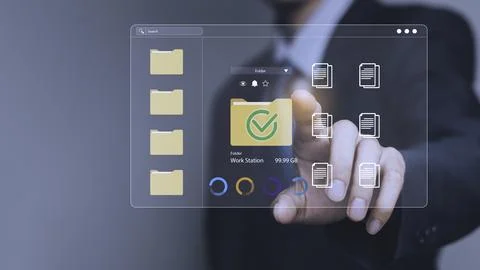 Businessman touching virtual file folder icon on futuristic digital interfa.. Foto stock
