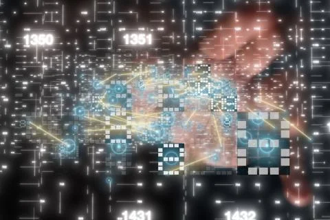 Businessman touching a virtual icon on a computer binary code Stock Photos