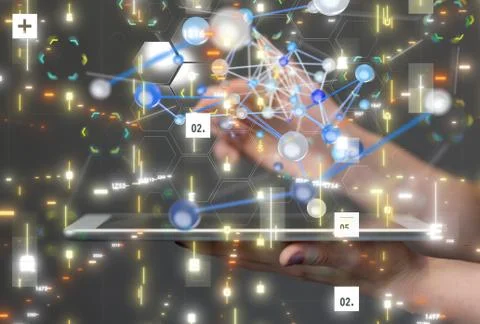 Businessman touching a virtual icon on a computer binary code Stock Photos