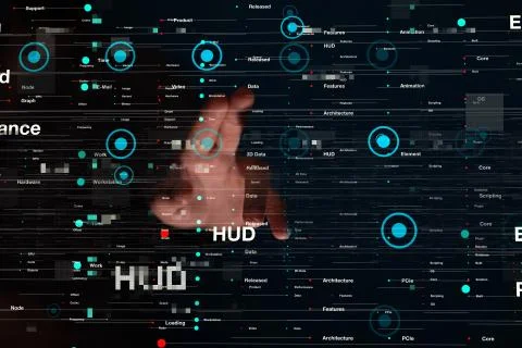 Businessman touching a virtual icon on a computer binary code Stock Photos