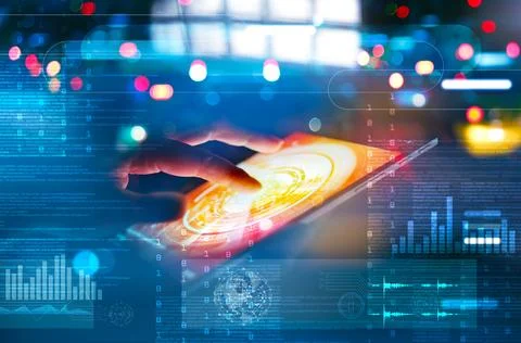 Businessman touching virtual screen on digital network and colorful informa.. Stock Photos