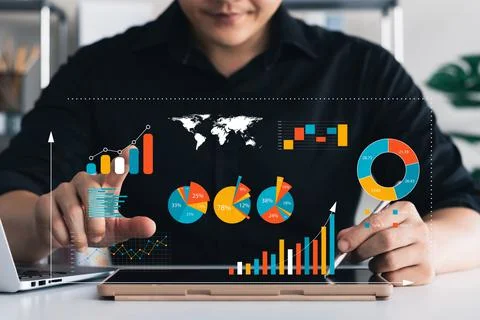 Businessman touching virtual screen Graph analysis of business growth and inv Stock Photos