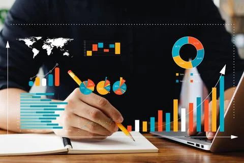 Businessman touching virtual screen Graph analysis of business growth and inv Stock Photos