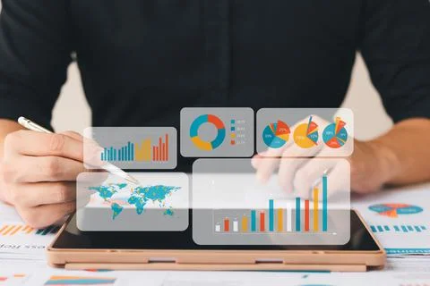 Businessman touching virtual screen Graph analysis of business growth and inv Stock Photos